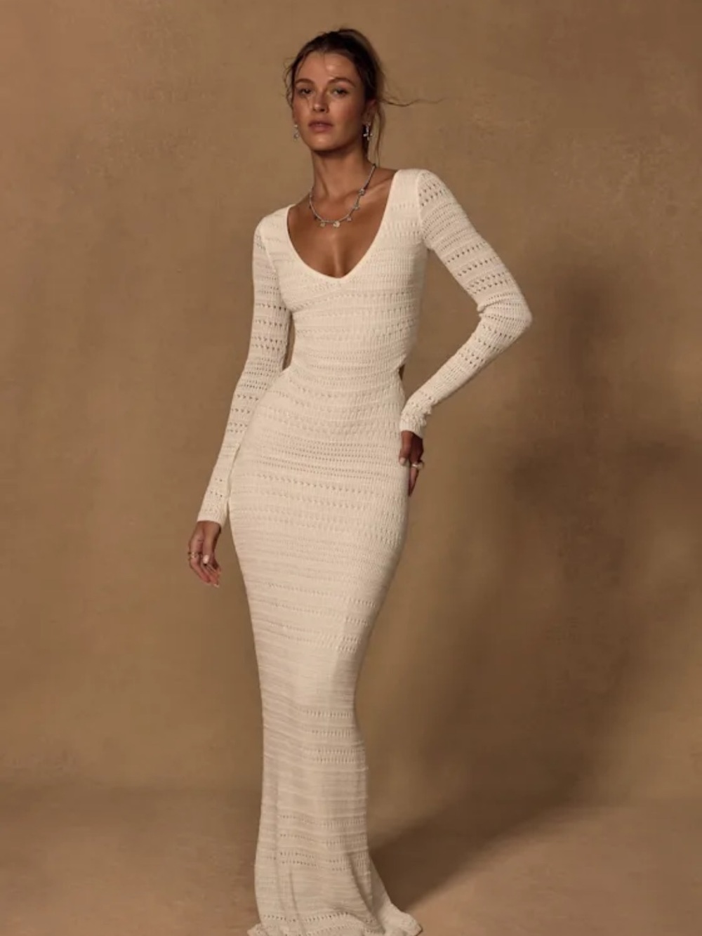Lulu's white Long-Sleeve Crochet Maxi Dress